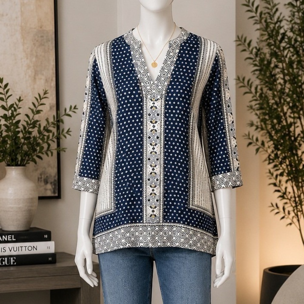 Foxcroft Womens Tunic Top Blue White Paisley Wrinkle Free Cotton 2